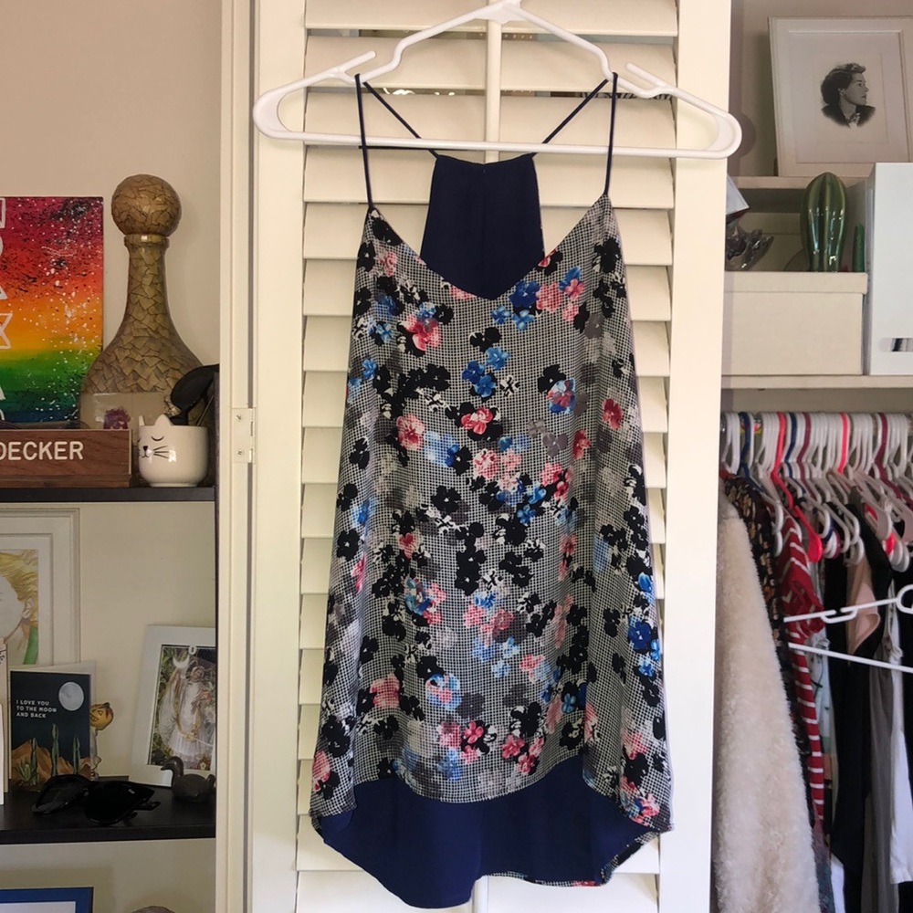 Express floral checkered navy blue reversible blouse cami.